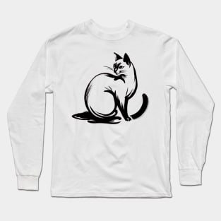 Stick figure of Siamese  cat in black ink Long Sleeve T-Shirt